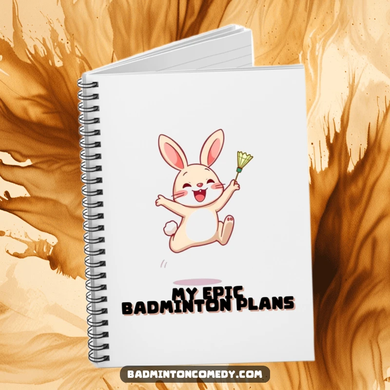 Funny Notebook: A cheerful rabbit in a dynamic pose, about to strike a badminton shuttlecock, perfect for jotting notes.