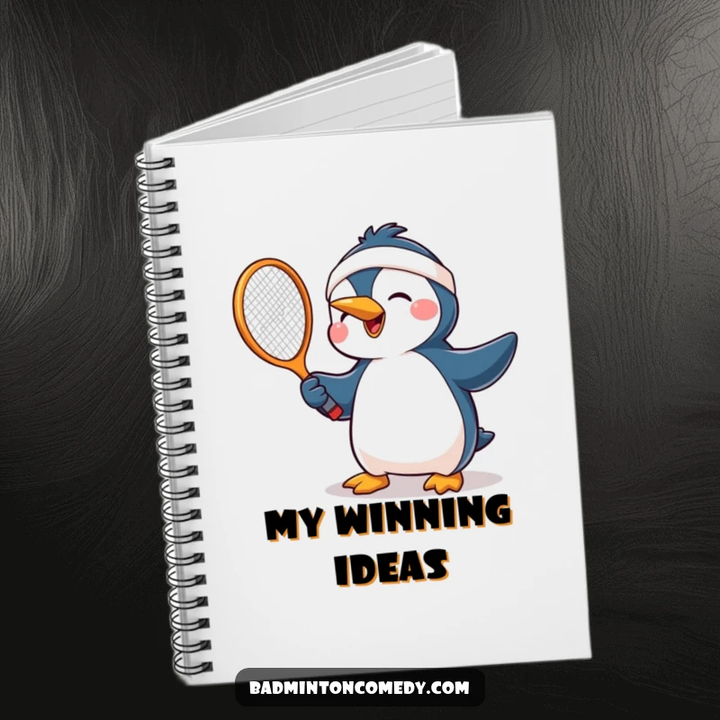 Funny penguin wearing a headband, joyfully swinging a tennis racket, perfect for a humorous notebook for jotting down ideas.