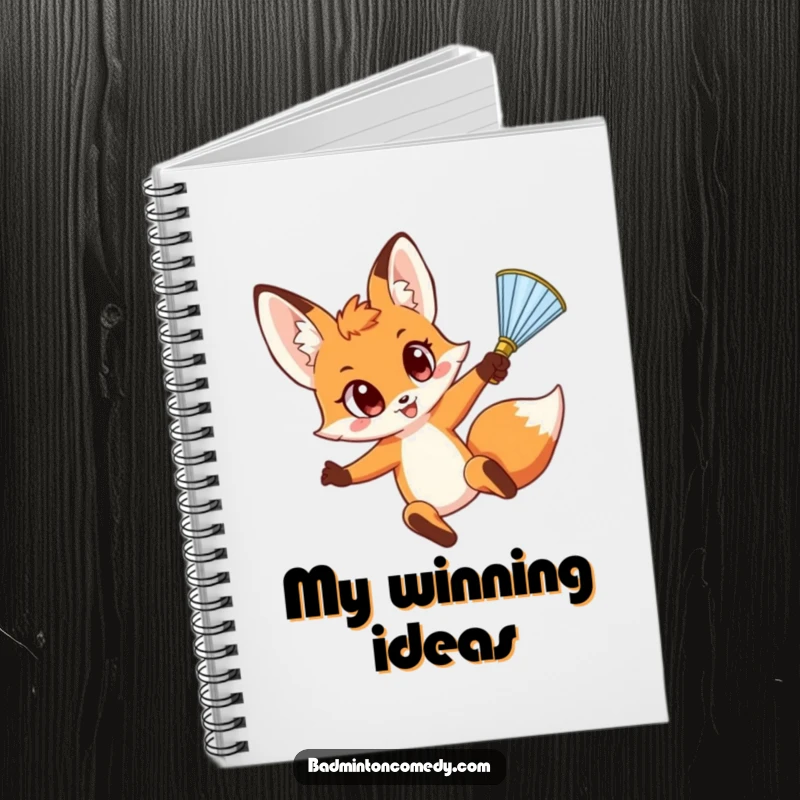 Funny Fox Smash Notebook: A funny fox with intense, wide eyes is depicted in mid-air, preparing to smash a shuttlecock with enthusiasm.