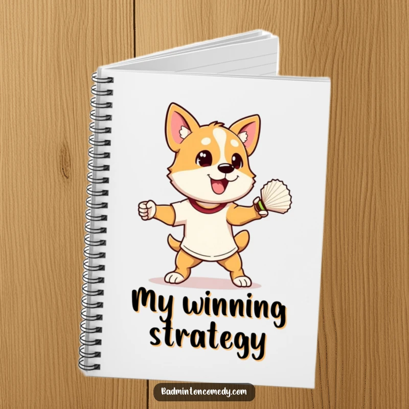 Funny dog in athletic stance, ready to smash a shuttlecock, on a humorous badminton notebook, perfect for notes.
