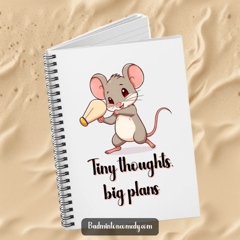 Funny mouse in action, batting a shuttlecock with surprising speed, perfect for a humorous notebook for fast thinkers.