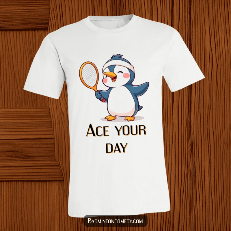 Funny penguin wearing a headband, joyfully swinging a tennis racket with excitement, great for sports enthusiasts and humor lovers.