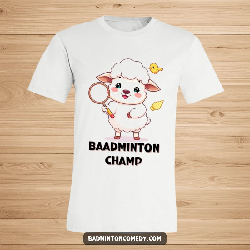 Funny Sheep T-Shirt: A fluffy sheep in a cartoon style is shown serving a badminton shuttlecock with a big happy smile.