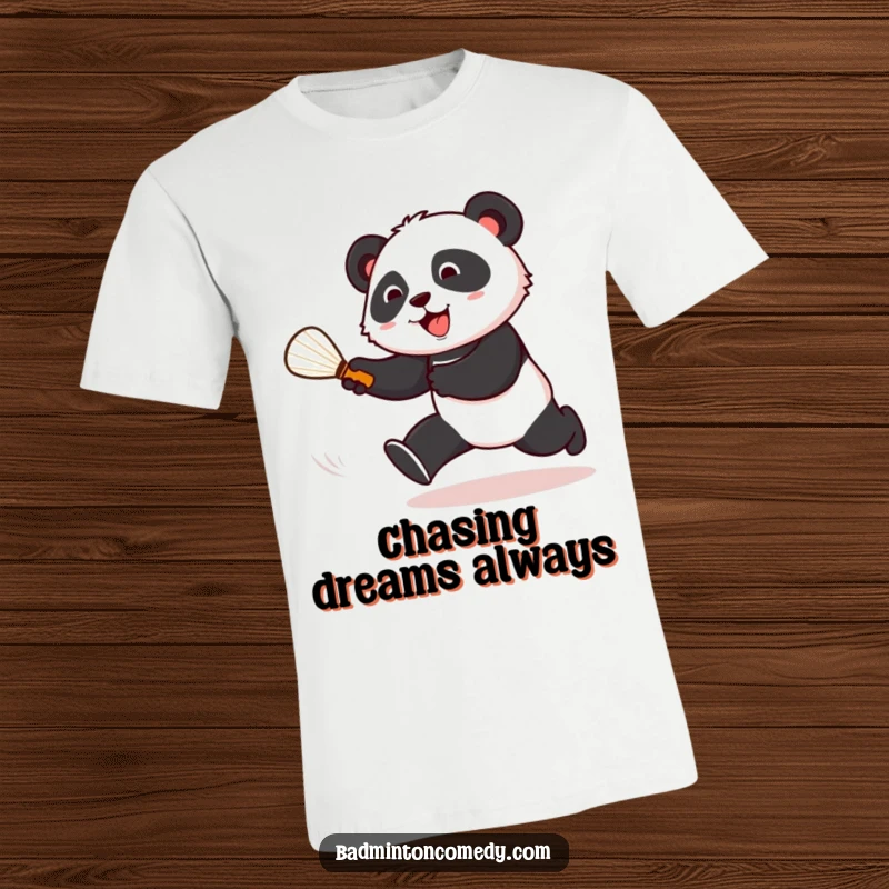 Funny panda energetically chasing a shuttlecock on a badminton court, dynamic and humorous graphic tee.
