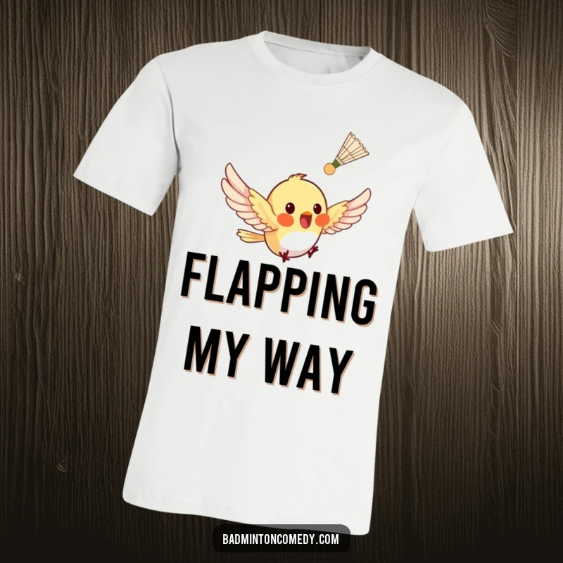 Funny tiny bird fluttering rapidly after a shuttlecock on a t-shirt, emphasizing agility and fun.