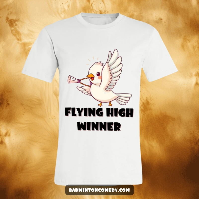 Funny bird character soaring with a shuttlecock in its beak on a humorous badminton t-shirt, a great gift.