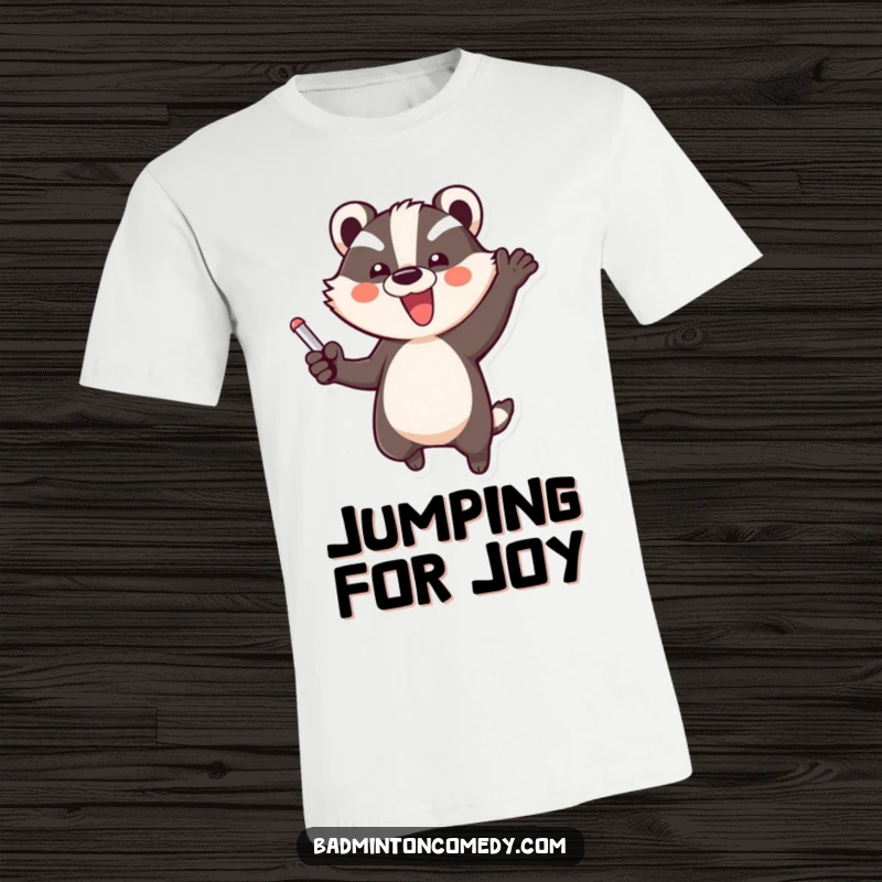 Funny Badger Jump T-Shirt: A cheerful badger performs an energetic, triumphant jump, celebrating a successful point in a game.