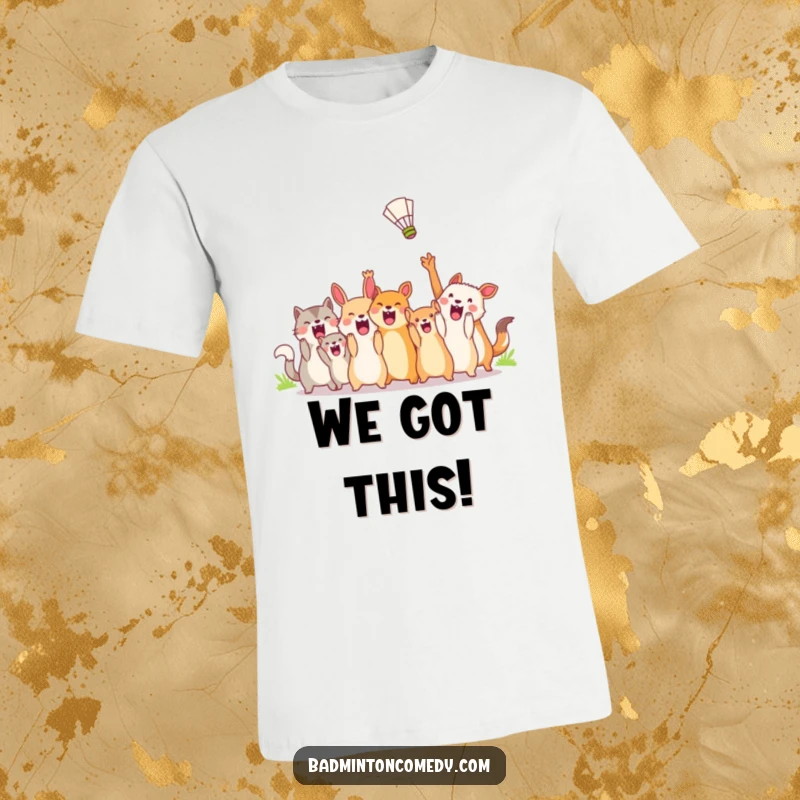 Funny T-Shirt: A riotous scene of diverse animals ecstatically cheering for a shuttlecock in mid-air, exuding vibrant energy.