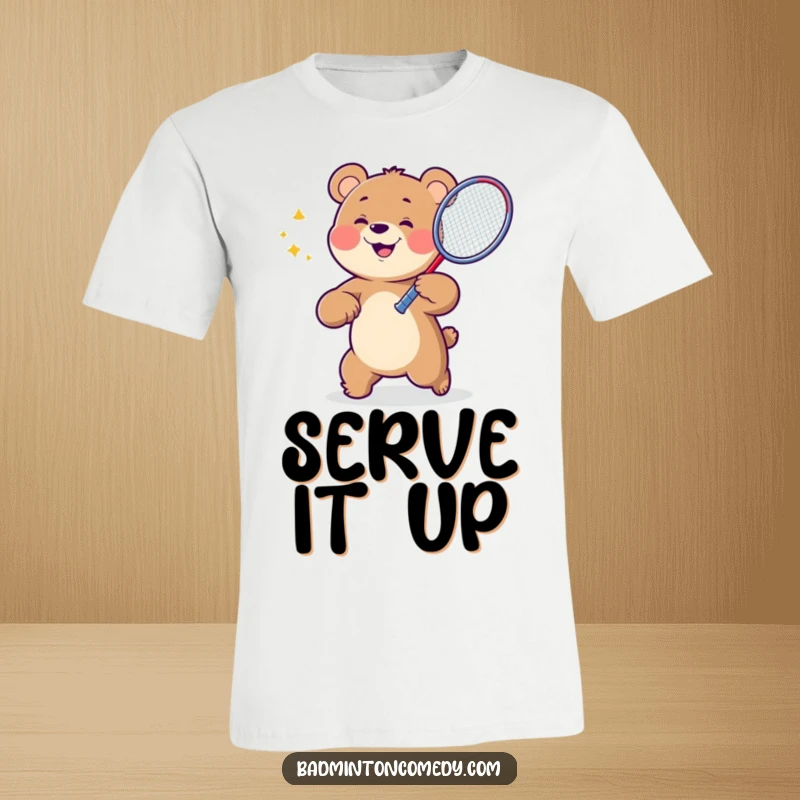 Funny Bear Badminton T-Shirt featuring a jubilant bear character mid-swing with a badminton racket, showcasing intense game focus.