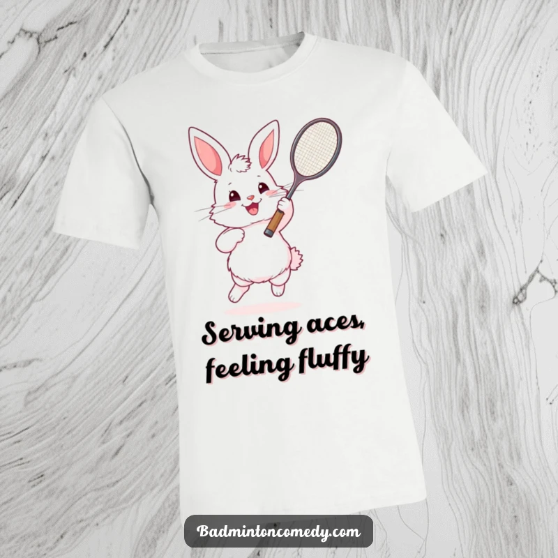 Funny Bunny Badminton T-Shirt: Fluffy rabbit passionately swinging a badminton racket, capturing energetic sports fun.