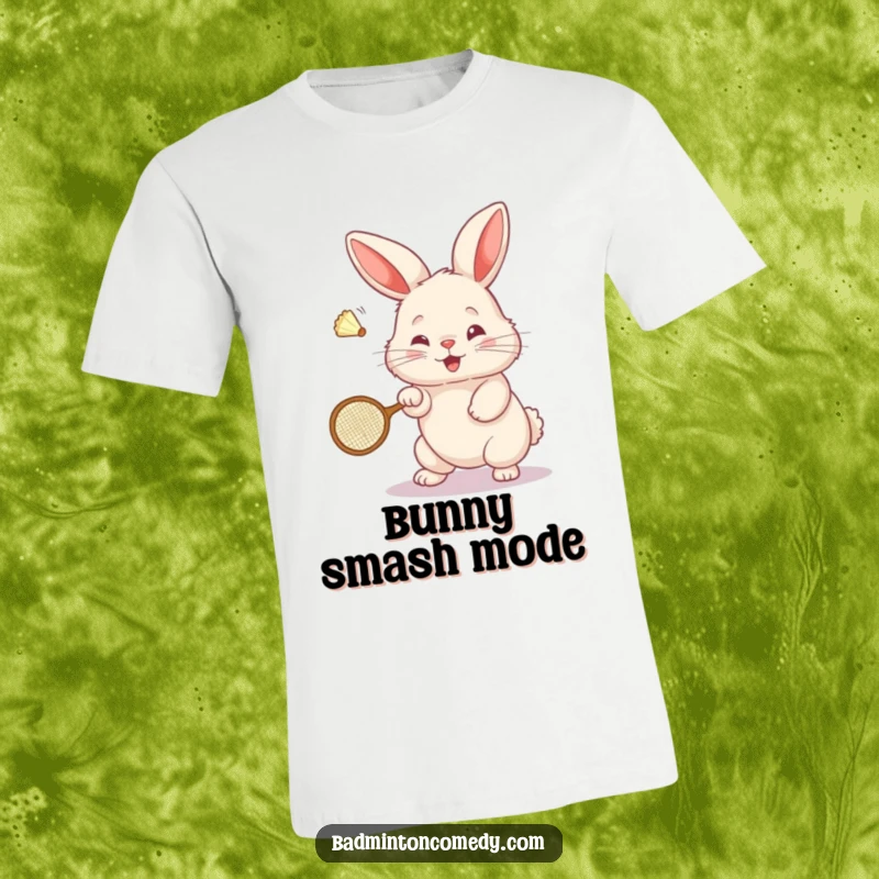 Funny Bunny Badminton T-Shirt: An impossibly cute, fluffy bunny smashes a shuttlecock with a miniature badminton racket.