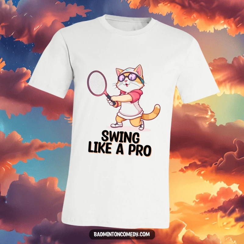 Funny cat in athletic clothing swinging a badminton racket with gusto, depicted on a humorous t-shirt.