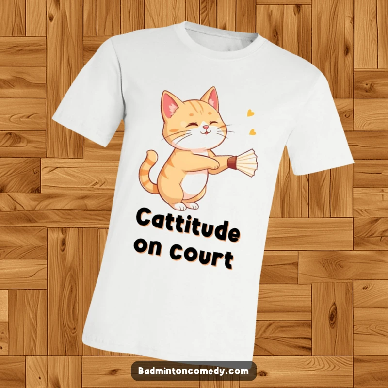 Funny cat with a playful wink, gracefully striking a shuttlecock with feline precision in this humorous t-shirt.