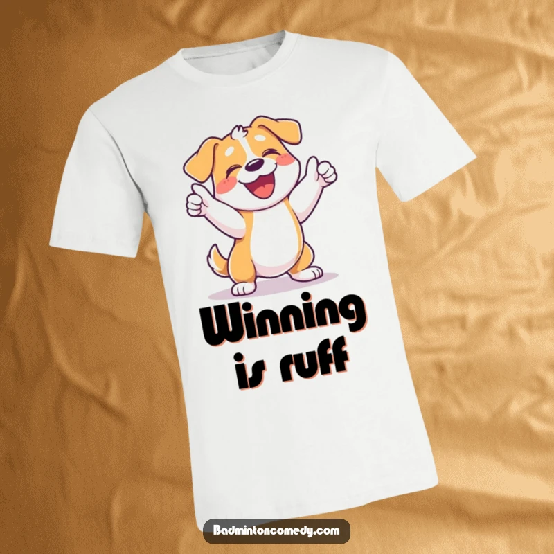 Funny dog t-shirt featuring a jubilant dog barking and swinging a tennis racket in celebration of a won point.