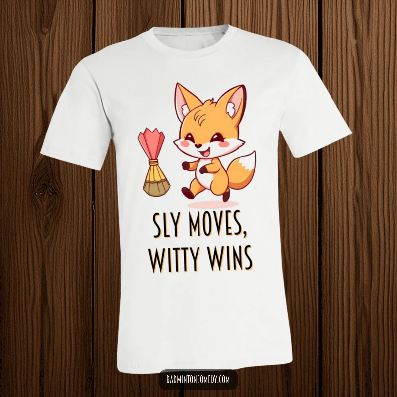 Funny, grinning fox character in pursuit of a shuttlecock on a hilarious t-shirt, funny gift.