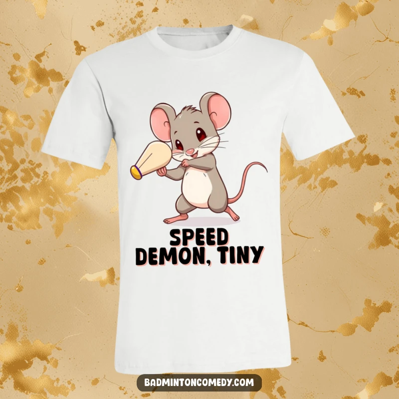 Funny small mouse captured mid-action, expertly batting a shuttlecock with surprising speed, great for badminton lovers.