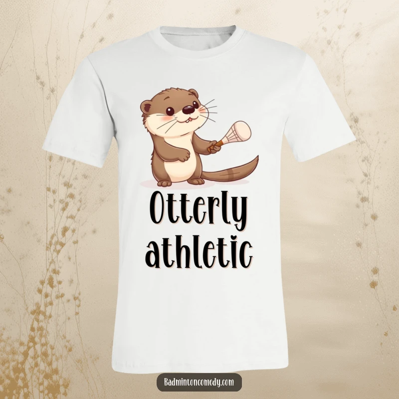 Funny otter t-shirt, a curious otter playfully batting a shuttlecock with a very small racket, displaying adorable and humorous determination.