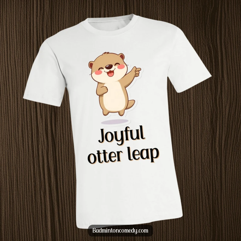 Funny t-shirt depicting a playful otter character jumping high in celebration during a badminton game.
