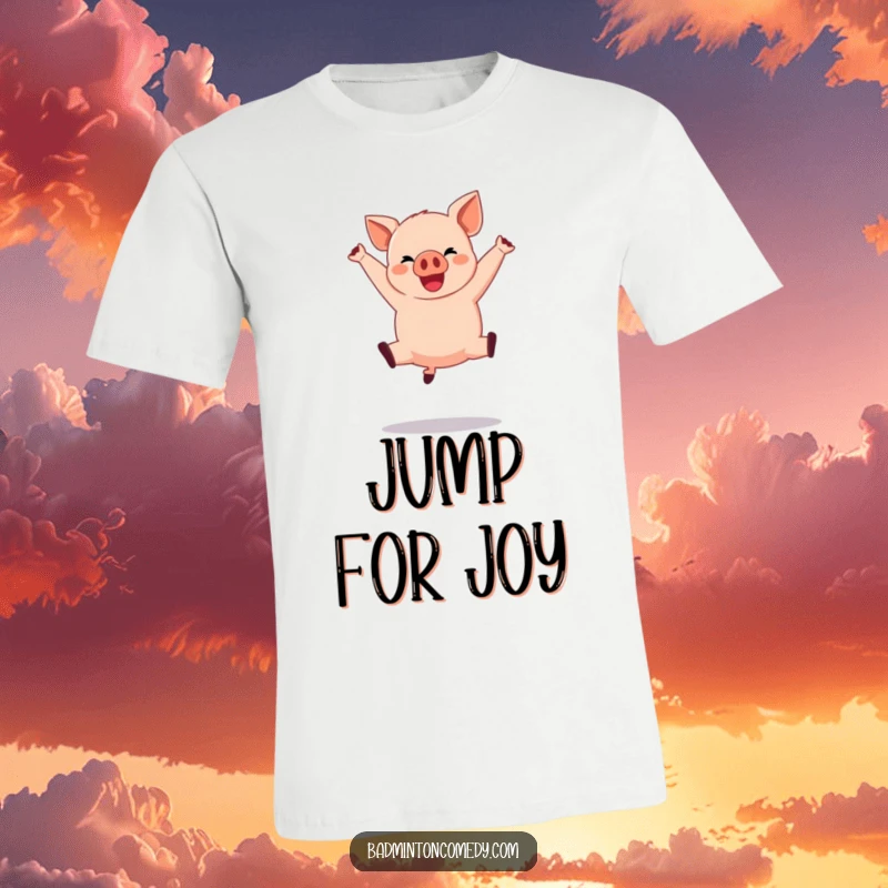 Funny Pig Basketball T-Shirt: A happy pig executing a dramatic jump shot while airborne in a basketball game.