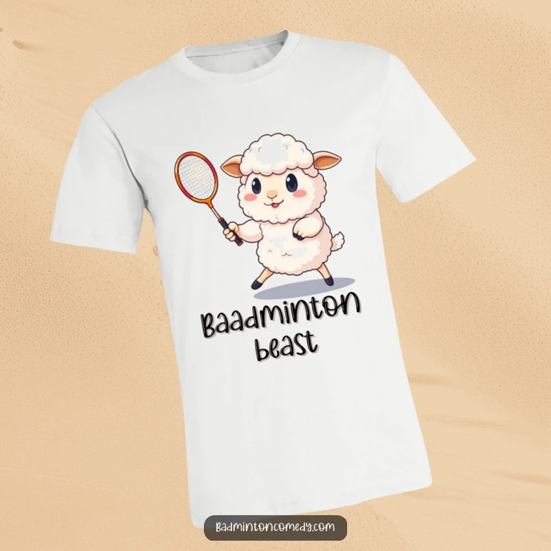 Funny fluffy sheep with a determined look, playing badminton with a shuttlecock in this humorous t-shirt.