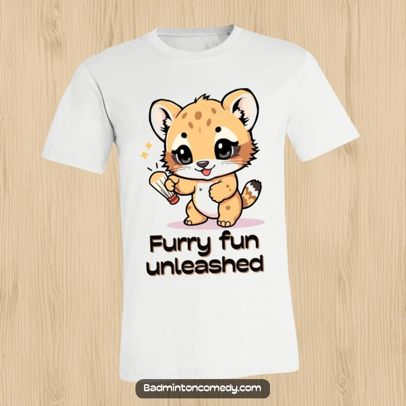 Funny t-shirt showcasing a cute bear cub gleefully batting a shuttlecock with its paw, eyes sparkling with playful mischief and athletic spirit.