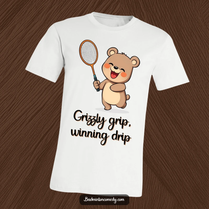 Funny bear character in action, swinging a big badminton racket energetically, on a funny t-shirt.