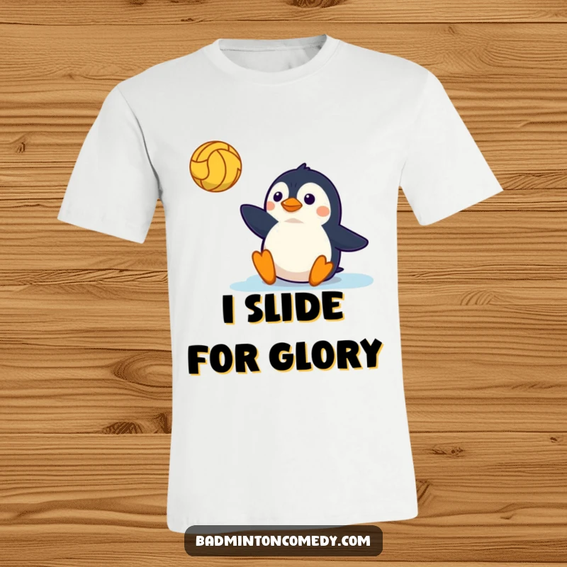 Funny T-Shirt: An energetic penguin executing a dramatic slide on a tennis court, aiming to hit a volley.
