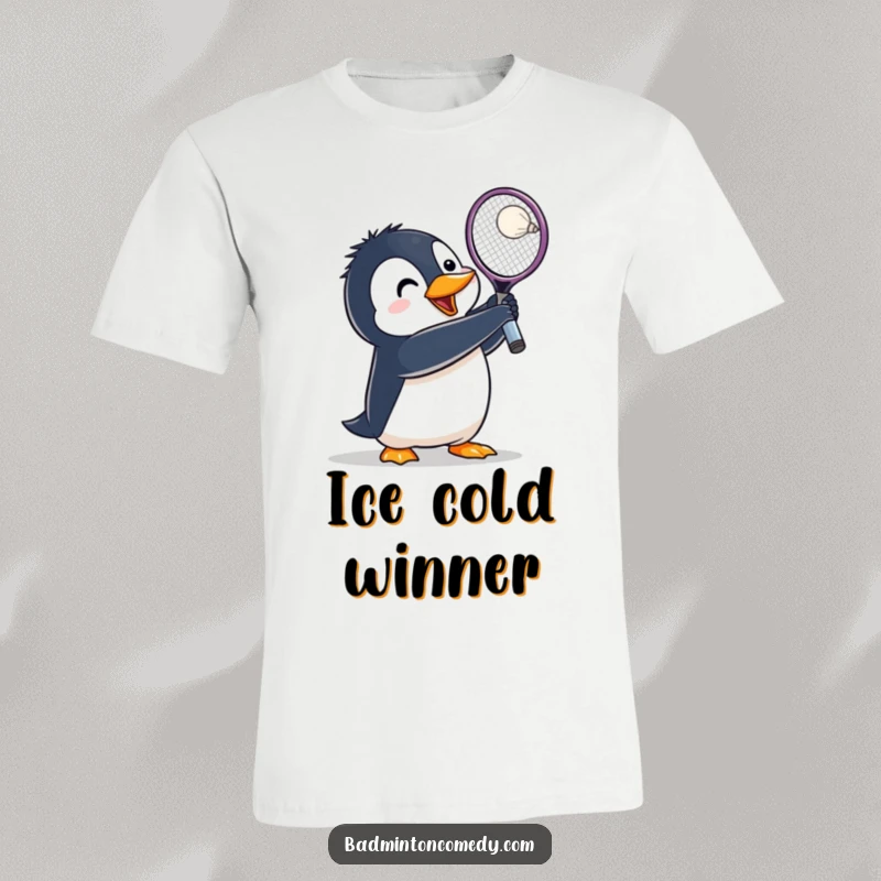Funny Penguin Badminton T-Shirt: A determined penguin executes a powerful lunge, racket raised high to strike a shuttlecock.