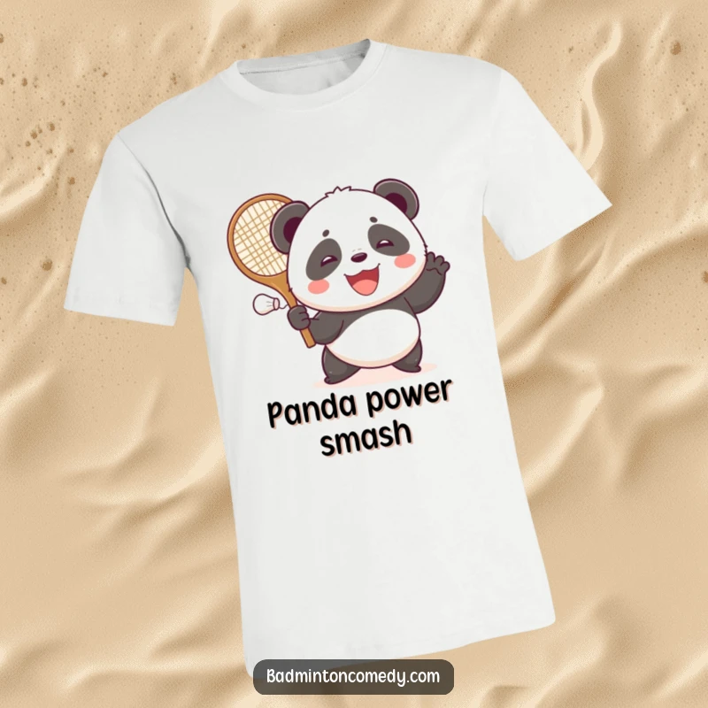 Funny smiling panda gleefully attacking a shuttlecock with a comically large racket in this humorous t-shirt.