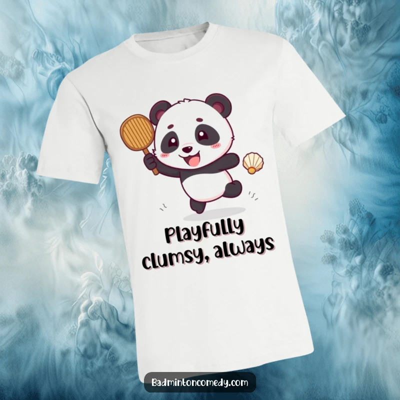Funny, playful panda excitedly chasing a shuttlecock across a badminton court on a t-shirt.