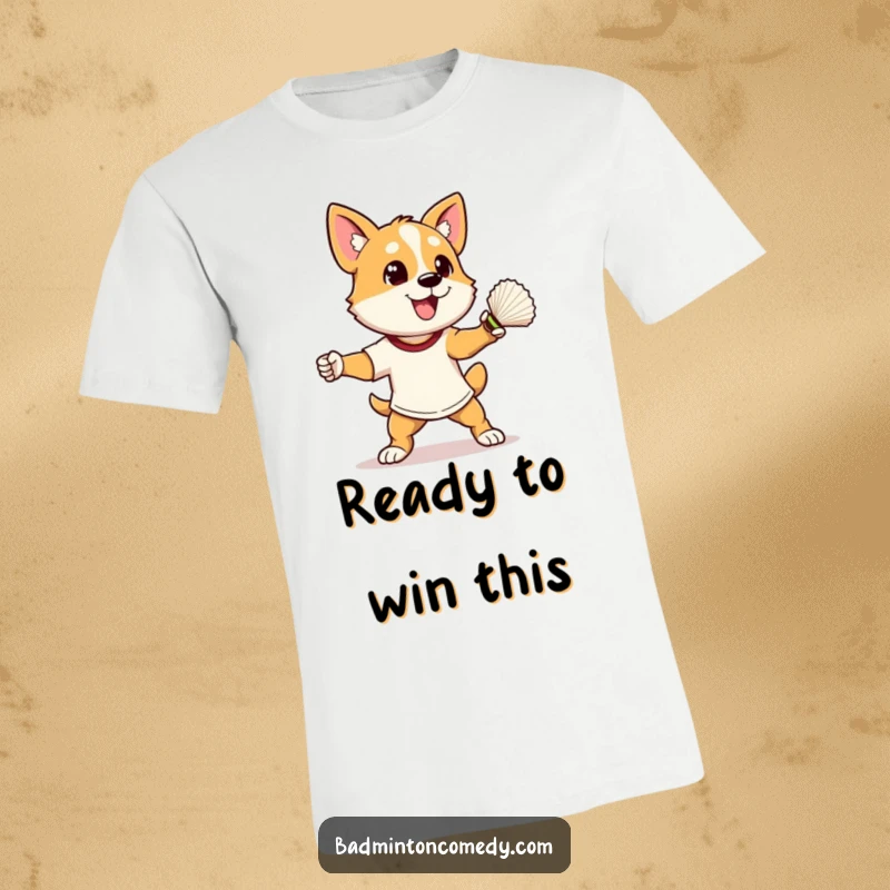 Funny dog in athletic stance, preparing to smash a shuttlecock, depicted on a hilarious badminton t-shirt for gift.