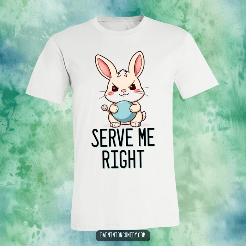 Funny rabbit t-shirt featuring a determined rabbit athlete poised to smash a tennis ball with a funny, confident grin.