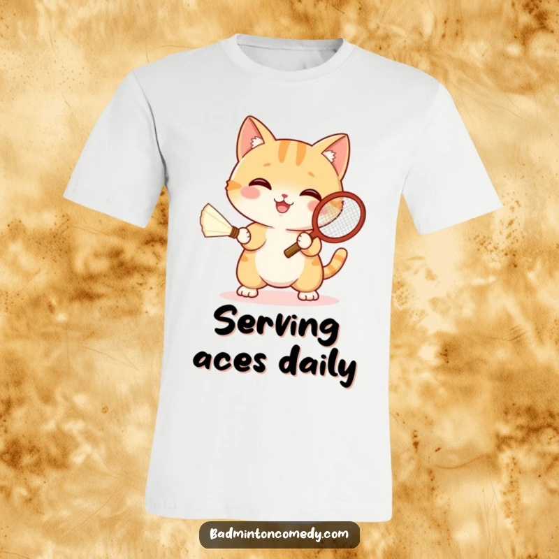 Funny cat wearing athletic gear, swinging a badminton racket with determination, hitting a shuttlecock on a t-shirt.