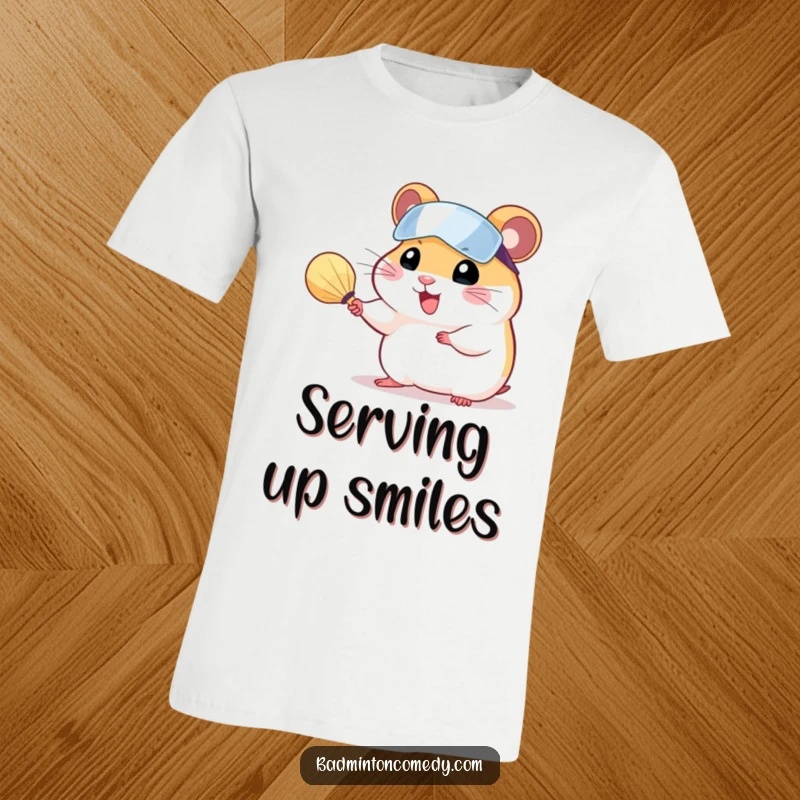 Funny, cheerful hamster in a visor, serving a shuttlecock with a tiny badminton racket on a t-shirt.