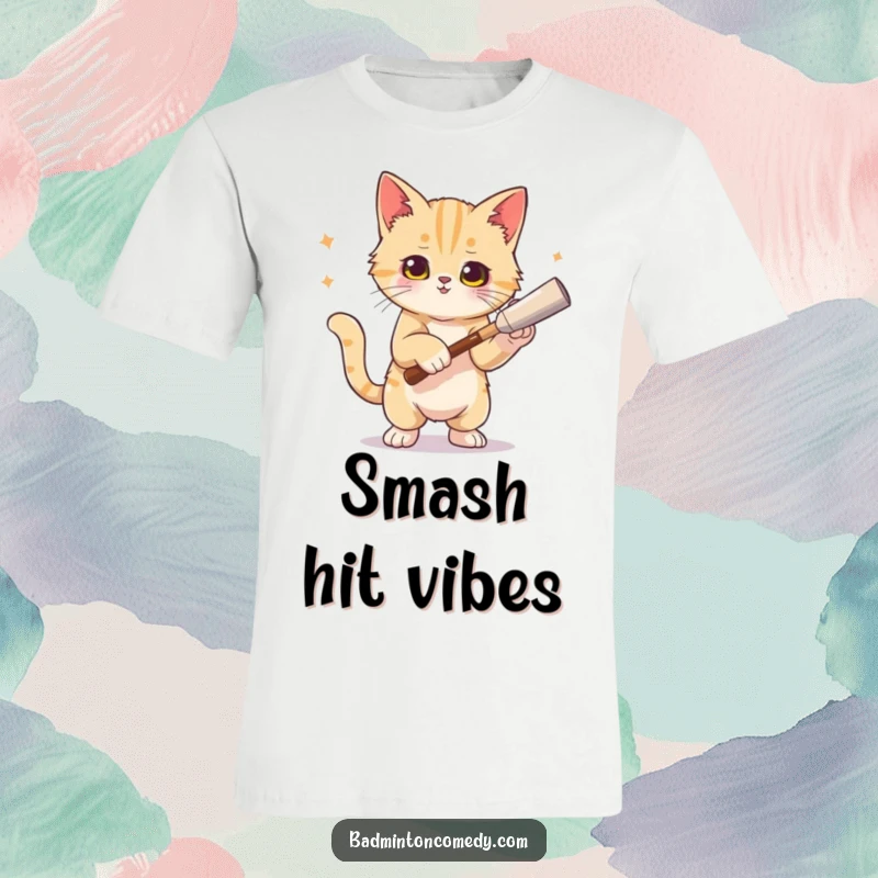 Funny cat t-shirt featuring a cat striking a dramatic pose after a powerful tennis smash with artistic flair.