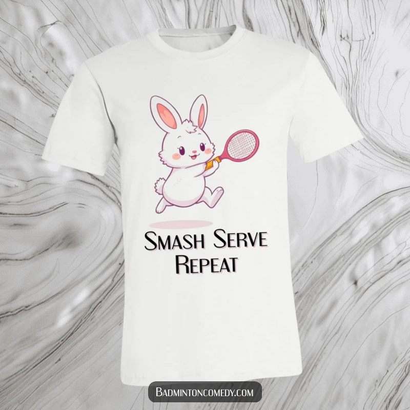 Funny fluffy bunny character mid-jump, racket raised to hit shuttlecock, on a hilarious t-shirt.