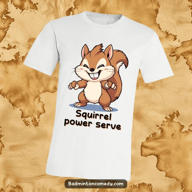 Funny squirrel t-shirt, a fluffy squirrel with an enormous grin, executing a powerful badminton smash with a racket, radiating comedic intensity.