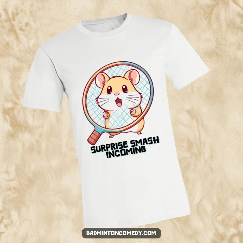Funny hamster peeking behind a big racket, looking surprised on a humorous badminton t-shirt, an excellent gift.