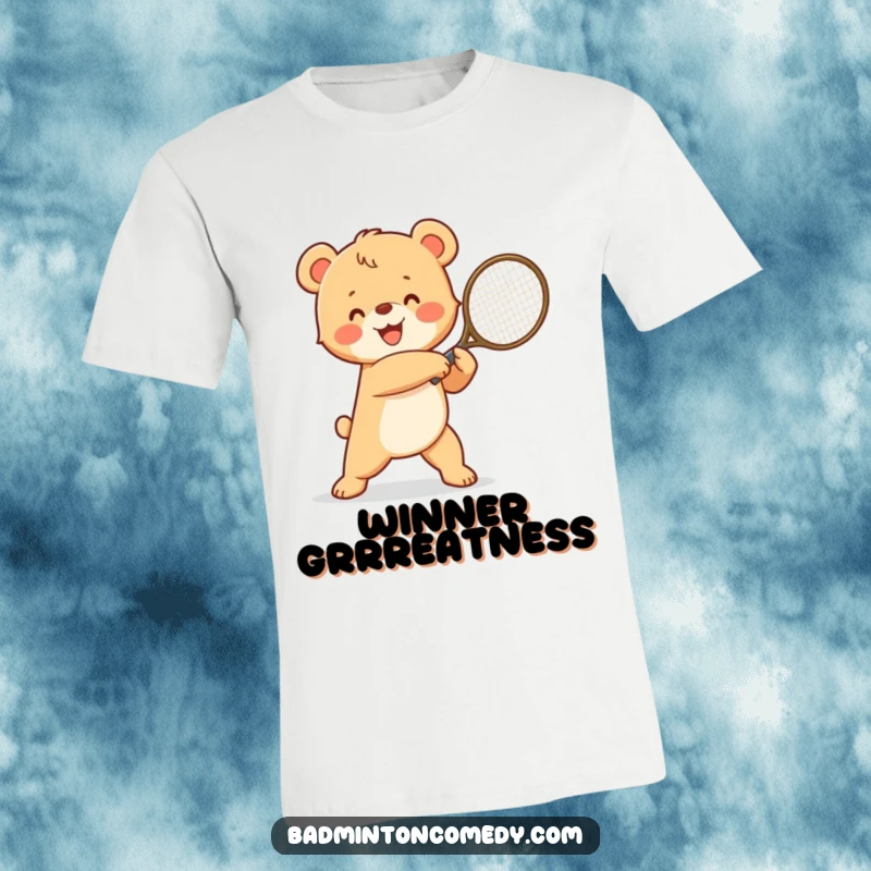 Funny, happy bear cub in a triumphant pose, swinging a tennis racket after a victory, great for sports fans.