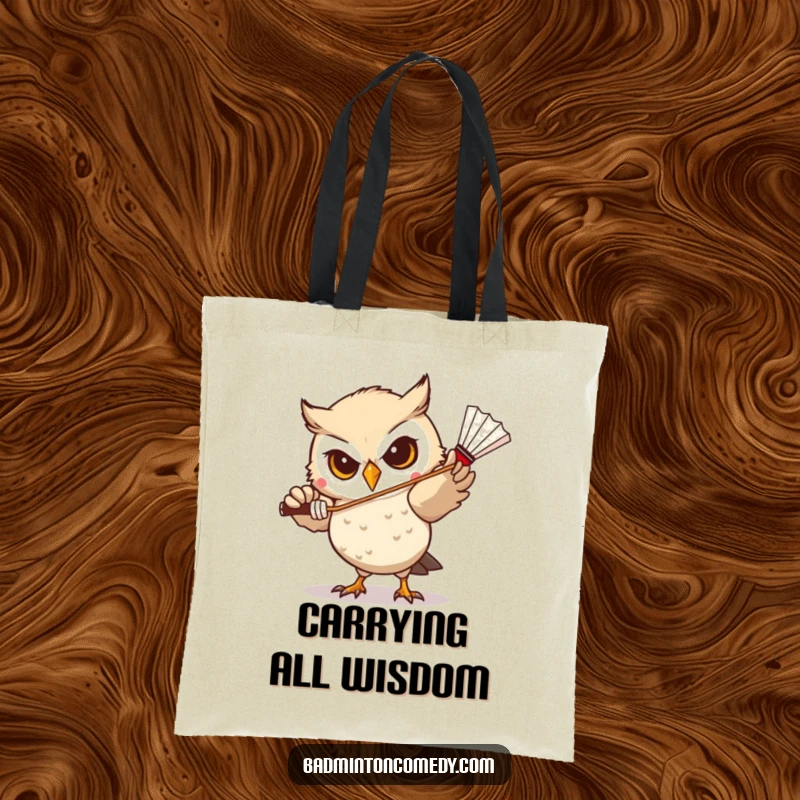 Funny Owl Badminton Tote Bag: A determined owl focusing intently on hitting a shuttlecock, ideal for carrying sports gear.