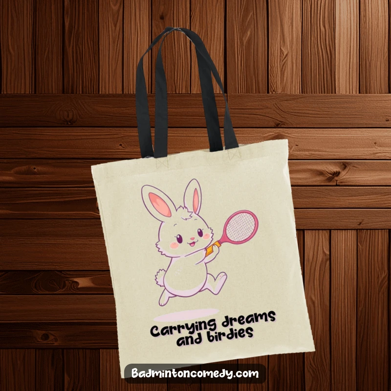 Funny bunny character energetically playing badminton with a tiny racket, perfect for a funny tote bag.