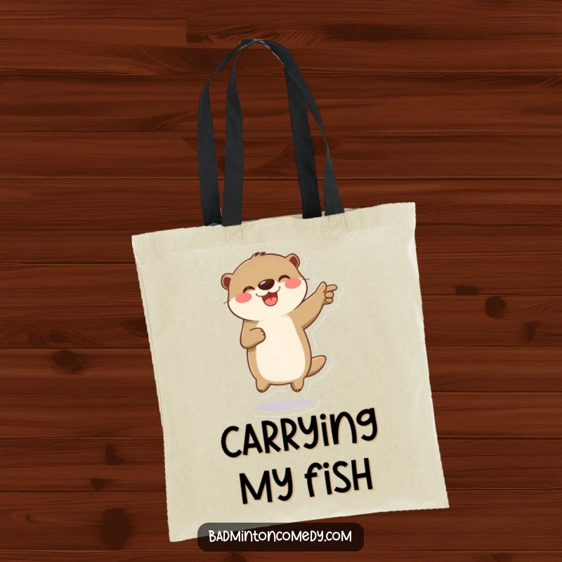 Funny tote bag with a playful otter character jumping in celebration on a badminton court, perfect for daily use.