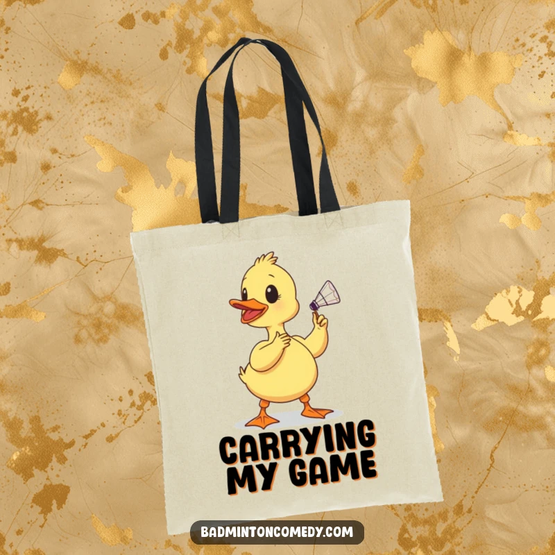 Funny duckling tote bag, a determined baby bird focused on hitting a shuttlecock with its beak, bringing a humorous vibe to your travels.