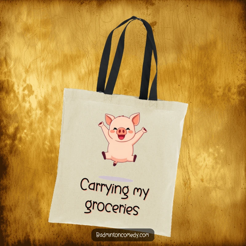 Funny Pig Basketball Tote Bag: A happy pig executing a dramatic jump shot in mid-air, perfect for carrying essentials.