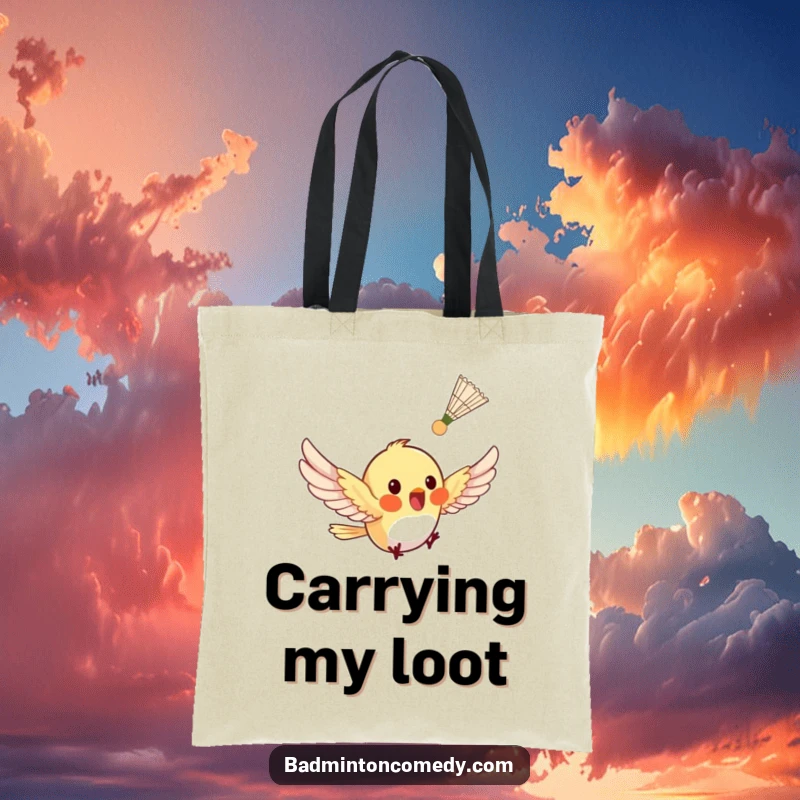 Funny tiny bird fluttering excitedly after a shuttlecock on a tote bag, highlighting playful movement.