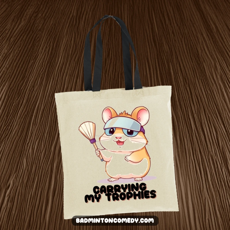 Funny cartoon hamster in visor serving shuttlecock on a versatile tote bag, ideal for carrying groceries or sports gear.