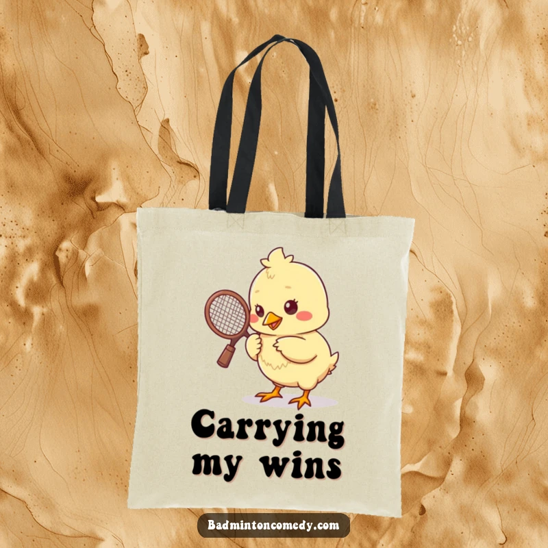 Funny chick with a small racket, pecking a shuttlecock, perfect for carrying groceries or gear in this tote bag.