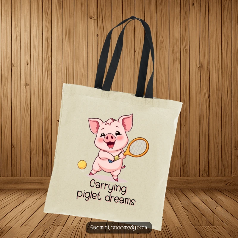 Funny Piglet Return Tote Bag: A happy piglet enthusiastically swings its racket to return a shuttlecock, embodying playful sportsmanship.