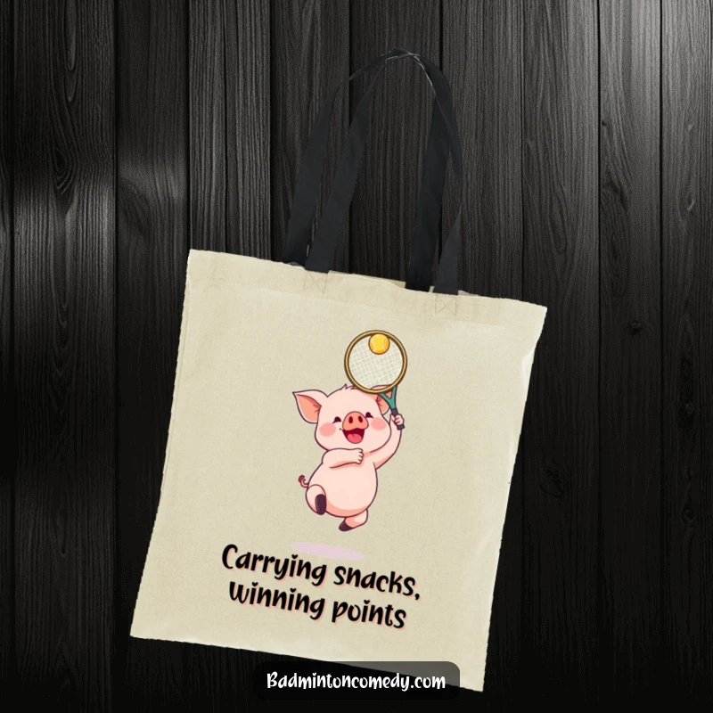 Funny Piglet Badminton Tote Bag: A gleeful piglet jumping with a badminton racket, perfect for carrying essentials humorously.