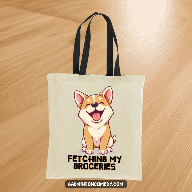 Funny happy dog panting after a badminton rally on a tote bag, perfect for dog lovers.